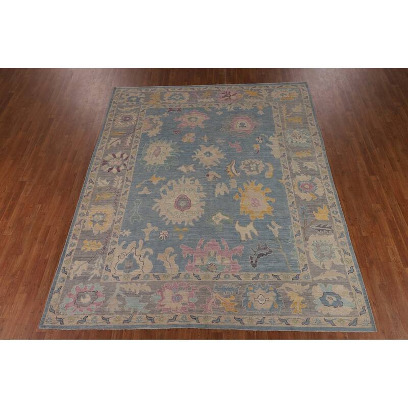 Blue Floral Oushak Turkish Area Rug Hand-Knotted Wool Carpet - 8'3"x 10'1"