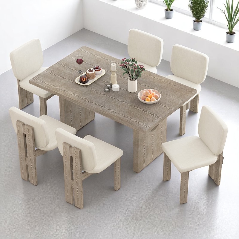 7-Piece Retro Dining Set with Rectangular Trestle Table and 6 Upholstered Chairs, Farmhouse Style - Natural