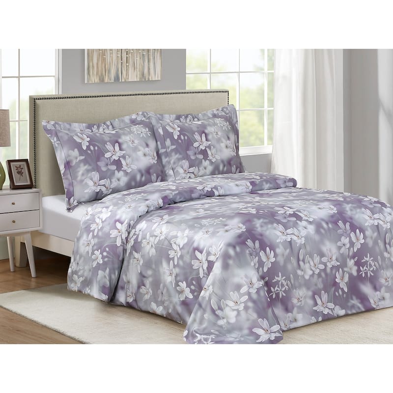 Violet Linen French Orchid Garden Pattern, 300 Thread Count - Cotton Sateen, Lilac, 8 Piece Duvet Set, Bedding Duvet Cover Set - Twin - Twin XL