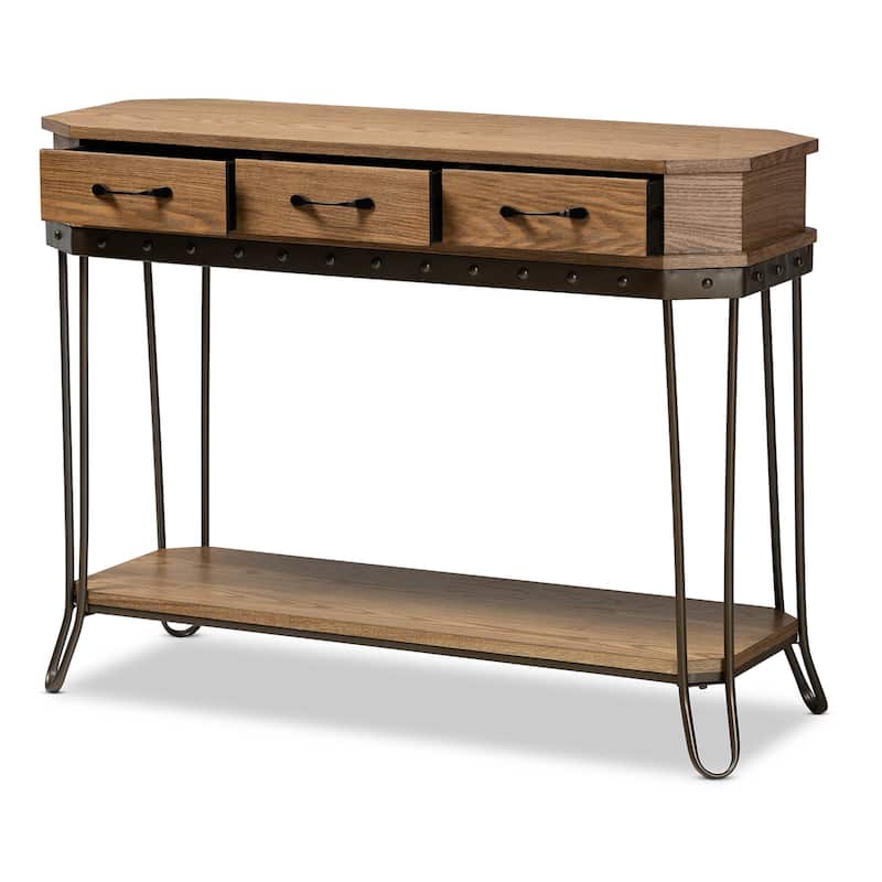 Kellyn Oak Brown Wood and Black Metal 3-Drawer Console Table