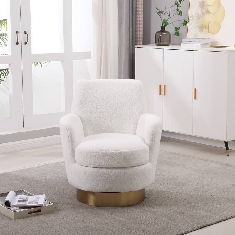 Velvet Swivel Barrel Chair, Swivel Accent Chairs Armchair w/ Gold Stainless Steel Base, Comfy Reading Chair Round Barrel Chairs - Ivory