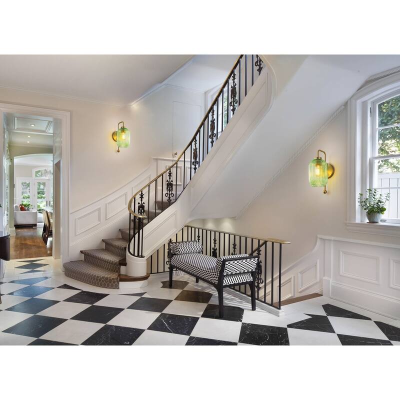 1-Light Green Striped Lantern Glass Wall Sconce - 5.5" W × 8.3" D × 13" H