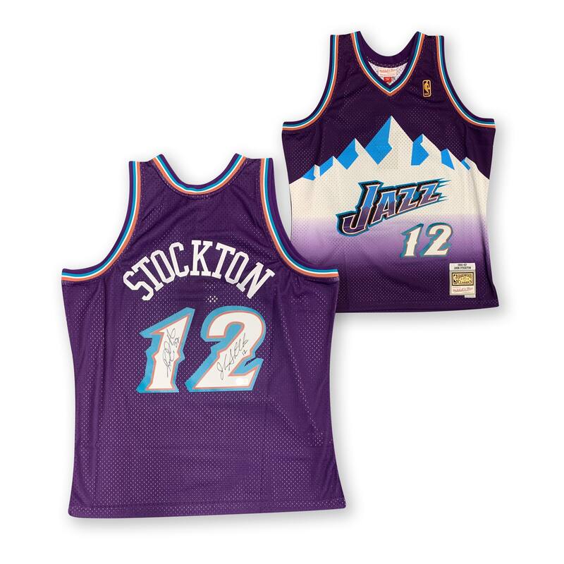 John Stockton and Karl Malone Autographed Utah Jazz Signed Mitchell and Ness Swingman Basketball Jersey Beckett Beckett COA B