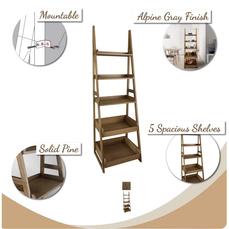 Cascade 5-Shelf Ladder Bookcase - Alpine Gray - 22.5"W x 19.5"D x 74"H.. - 22.5"W x 19.5"D x 74"H