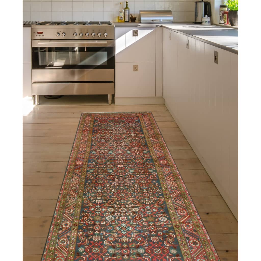 Fine Vintage Distressed Boulus Blue/Rust Runner - 3'9" x 10'9"