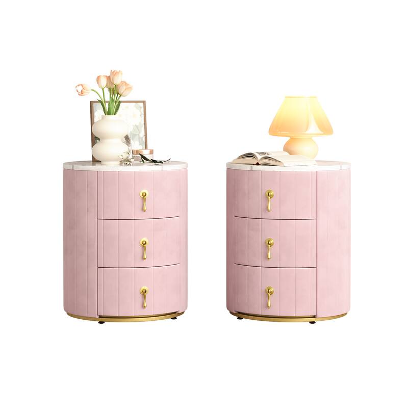 Set of 2 Upholstered 3-Drawer Nightstands - Round Marbling Top Bedside Table (Fully Assembled Except Handles, Pink)