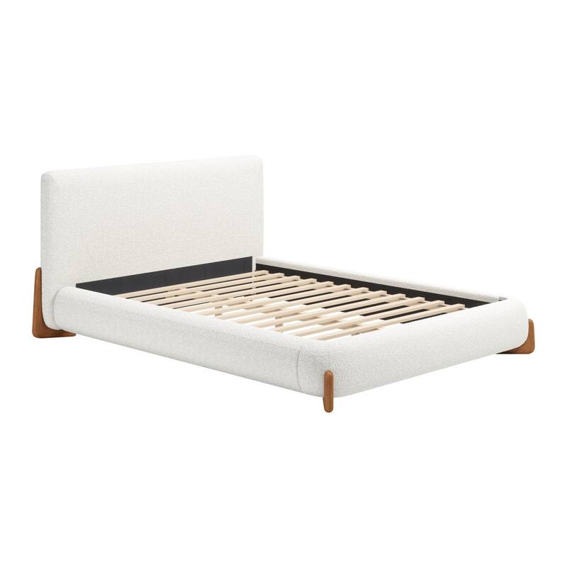 HomeRoots Ivory Solid Wood And Boucle Queen Bed Frame
