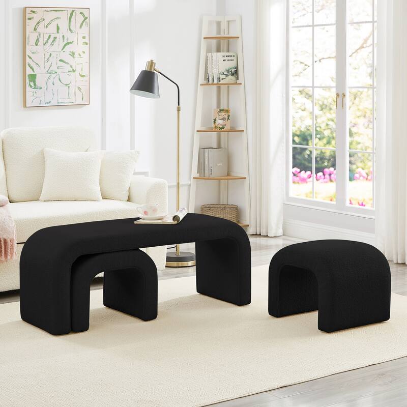 3-Piece End of Bed Bench Set with 2 Small Benches, Teddy Ottoman Bench Sofa Footrest for Entryway, Living Room - Black