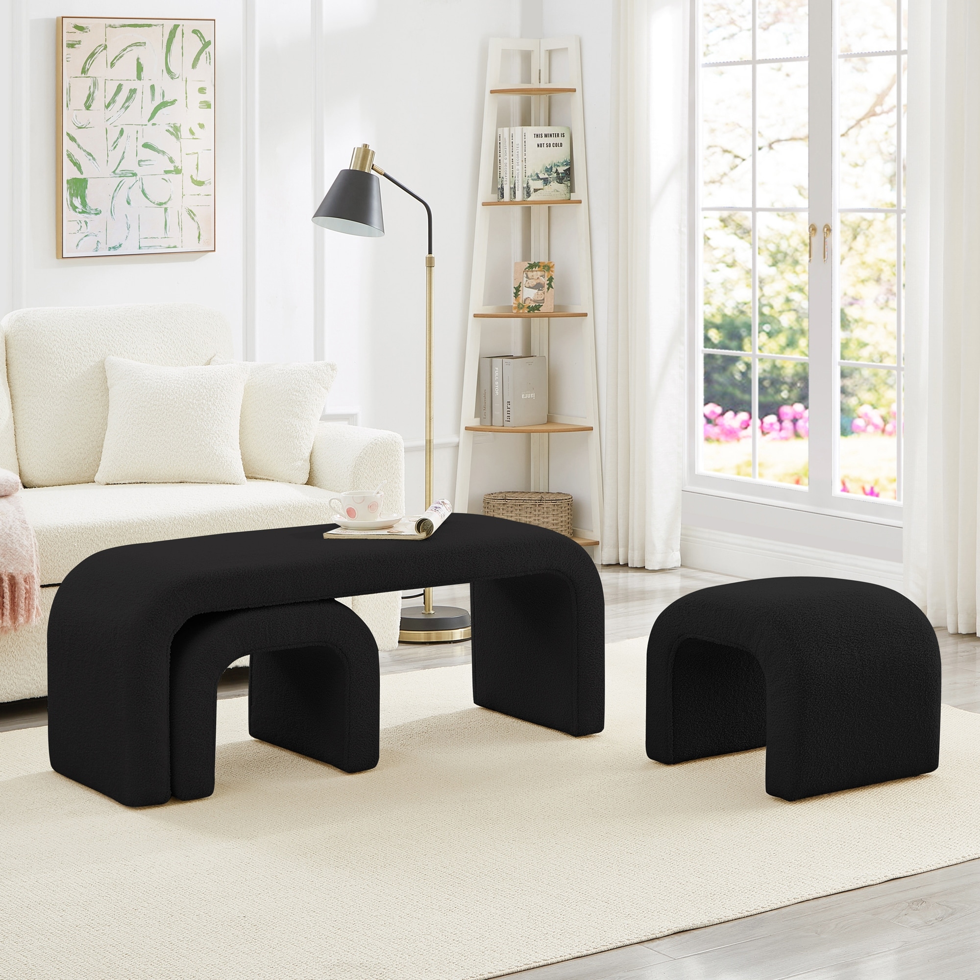 3-Piece End of Bed Bench Set with 2 Small Benches, Teddy Ottoman Bench Sofa Footrest for Entryway, Living Room