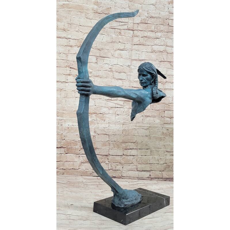 Native American Indian Bow Archer Abstract Bronze Statue Sculpture Blue Green Patina 33 Inches X 23 Inches