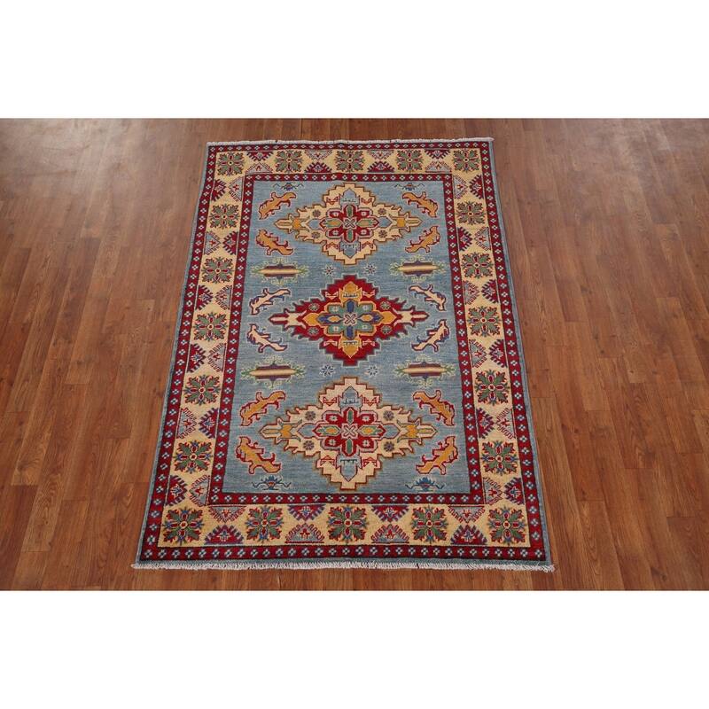 Light Blue Kazak Oriental Area Rug Handmade Geometric Wool Carpet - 3'11" x 5'10"