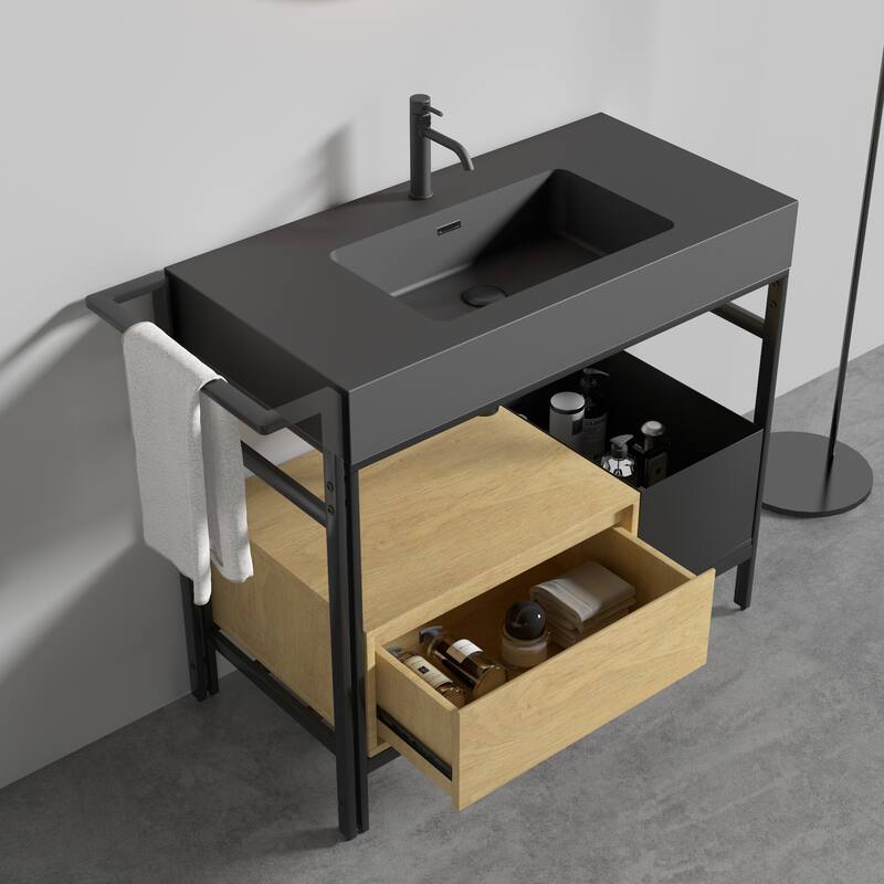 36" Industrial Style Modular Bathroom Vanity. This vanity features a robust metal frame accented with warm wood elements