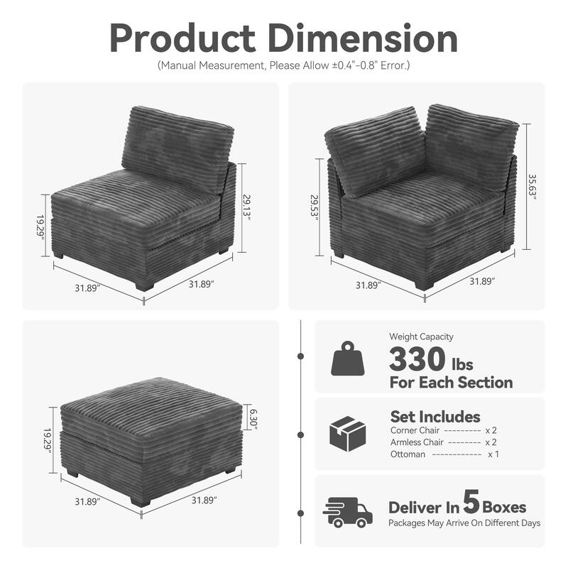 HOOOWOOO Modular Plush Corduroy Fabric Couch with Ottoman