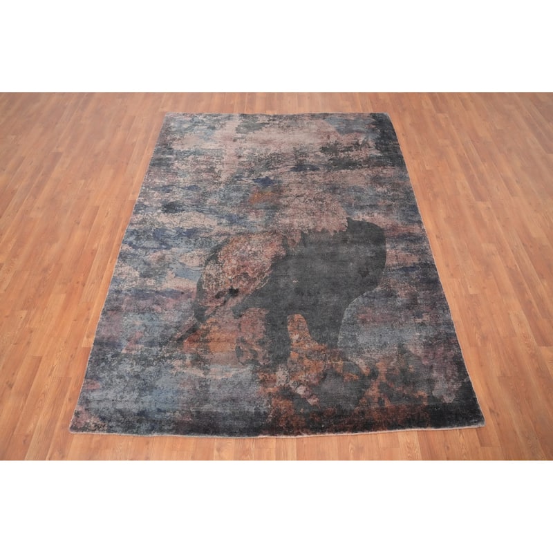 Hand Knotted Oriental Viscose Silk Carpet Modern All-Over Multi-Colored Abstract Area Rug - 7' 8'' X 5' 8''