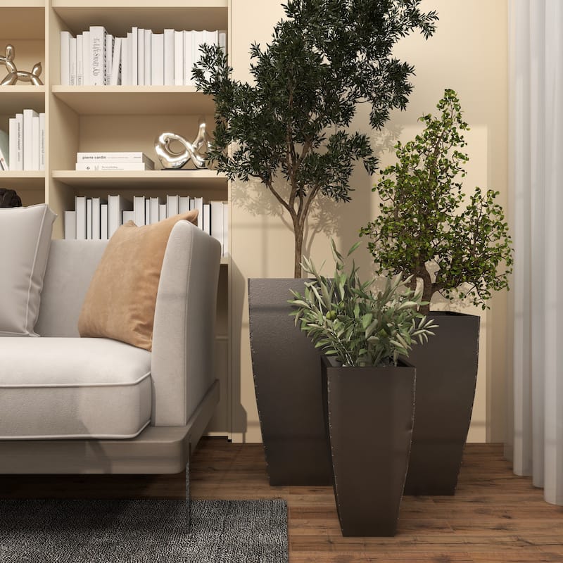 Metal Light Weight Planter with Tapered Base and Polished Exterior - Set of 3 Gray or Dark gray - Roche River Decor
