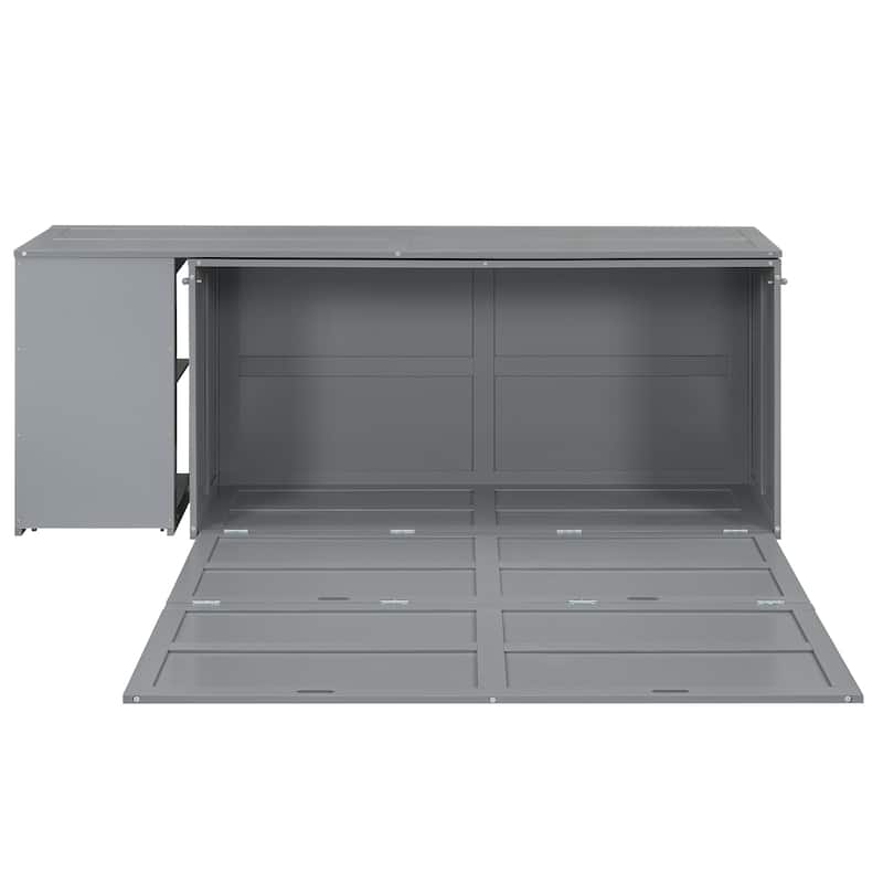 Grey Queen Murphy Bed in Pine Wood & MDF with Rotating Desk and Storage Shelves