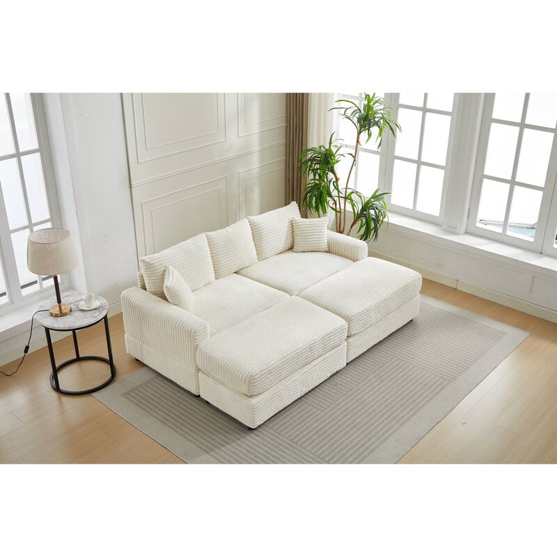 2 Pieces Corduroy Sectional Couch Cushion Covers with 2pcs Pillows, Beige - Multi-Color