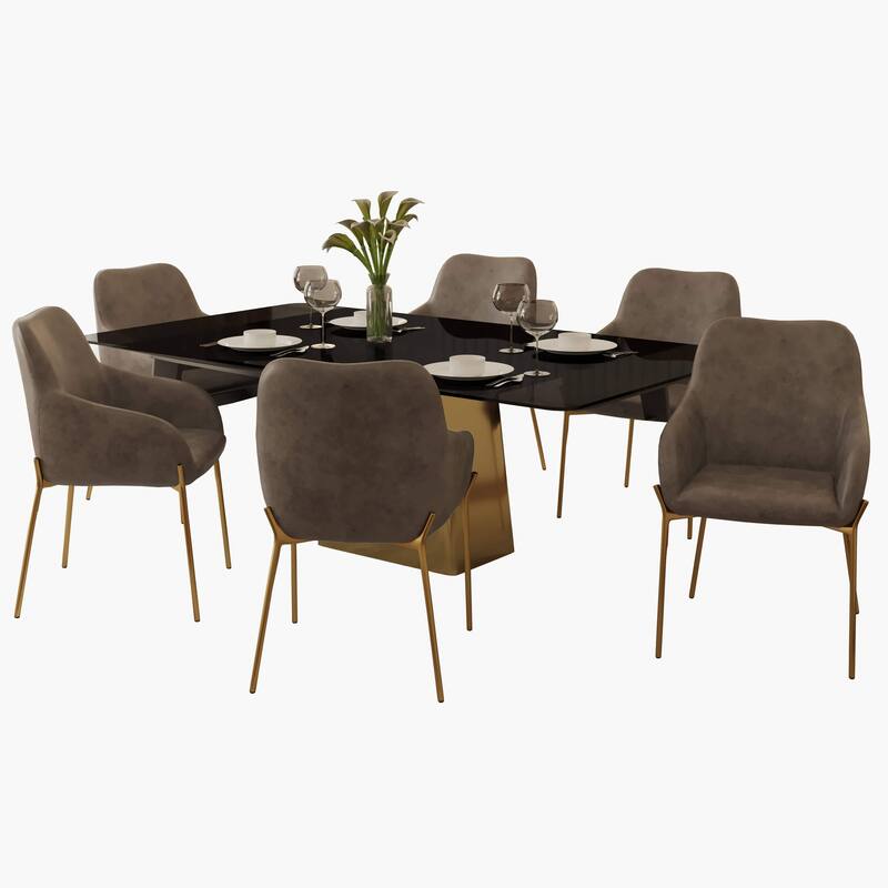 7-Piece Dining Set with 55-Inch Glass Stone Dining Table and 6 Upholstered Accent Arm Chairs - Charcoal Fabric