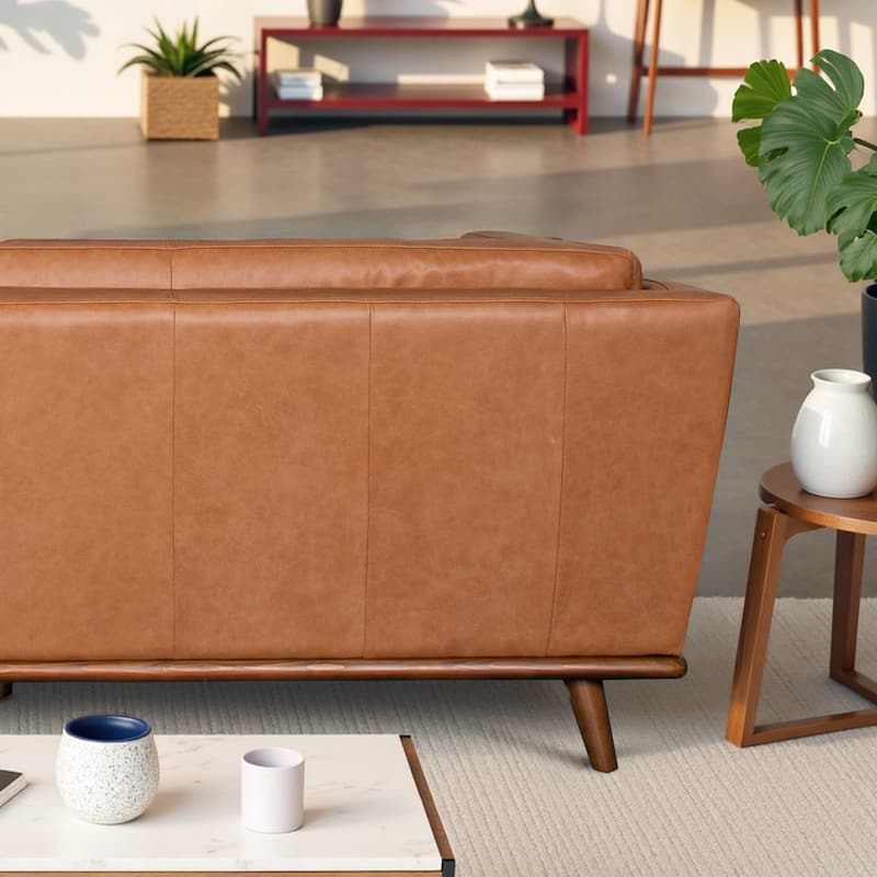 Madison Mid-Century Modern Top Grain Leather Sofa with Walnut-Finished Base