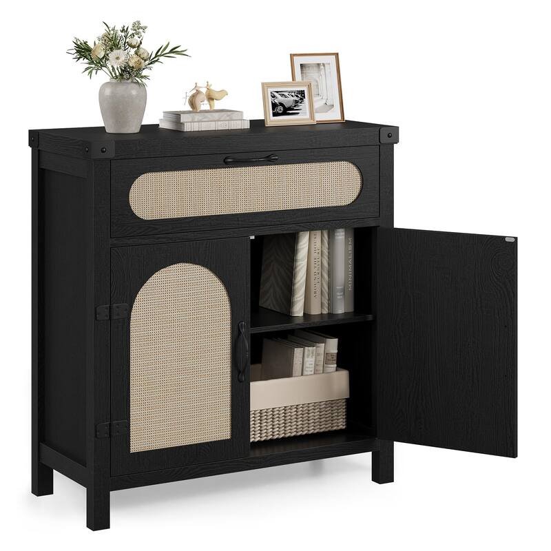 Rattan Sideboard Buffet Cabinets with Storage, Farmhouse Kitchen Accent Storage Cabinet, Boho Coffee Bar Cabinet - Black - with Drawer