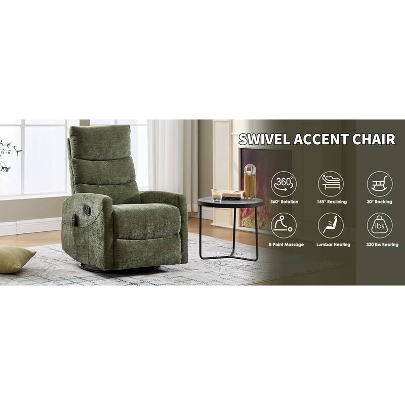 Roomfitters Manual Swivel Rocker Recliner Chair with Heat and Massage Fabric Glider Lounge Sofa for Living Room