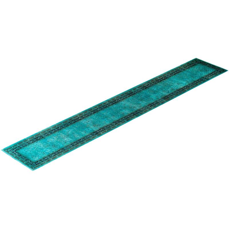 Overton Hand Knotted Wool Vintage Inspired Modern Contemporary Overdyed Blue Runner Rug - 2' 9" x 17' 10"