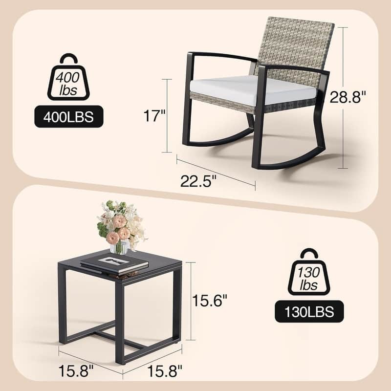 3 Pieces Wicker Patio Set with Cushion Outdoor Chair Set with Glass Table Rattan Chair Modern Bistro Set