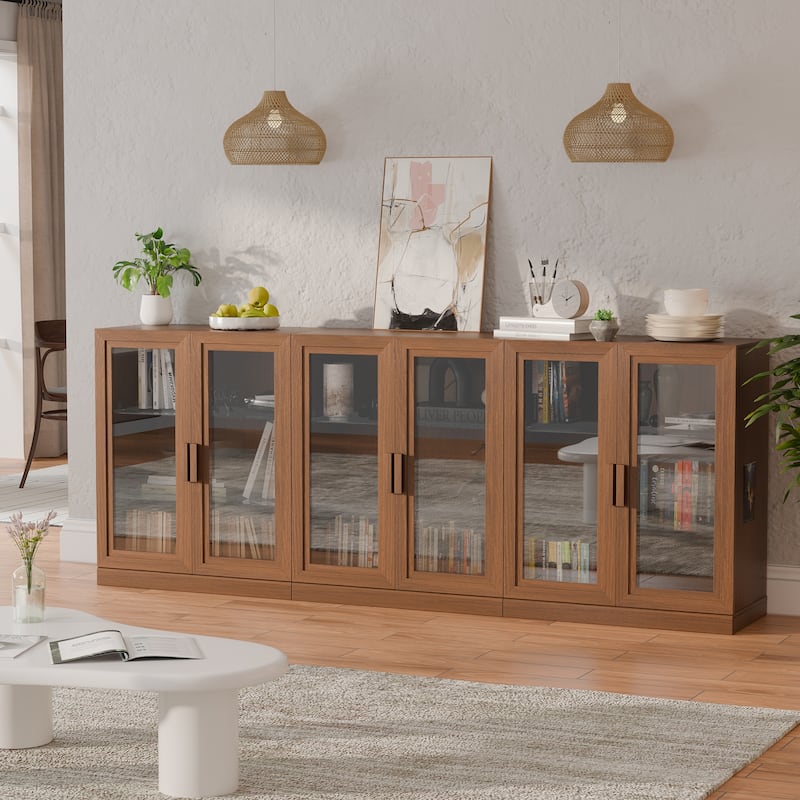 3-Set Glass Door Sideboard Buffet Storage Cabinets with Adjustable Shelves - 93"Lx36"H - Walnut