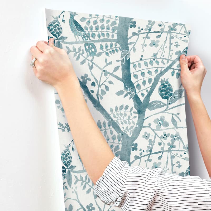 Edinburgh Teal Non-Woven Unpasted Bohemian Peacock Block Print Wallpaper Covers about 60.75 sq. ft.