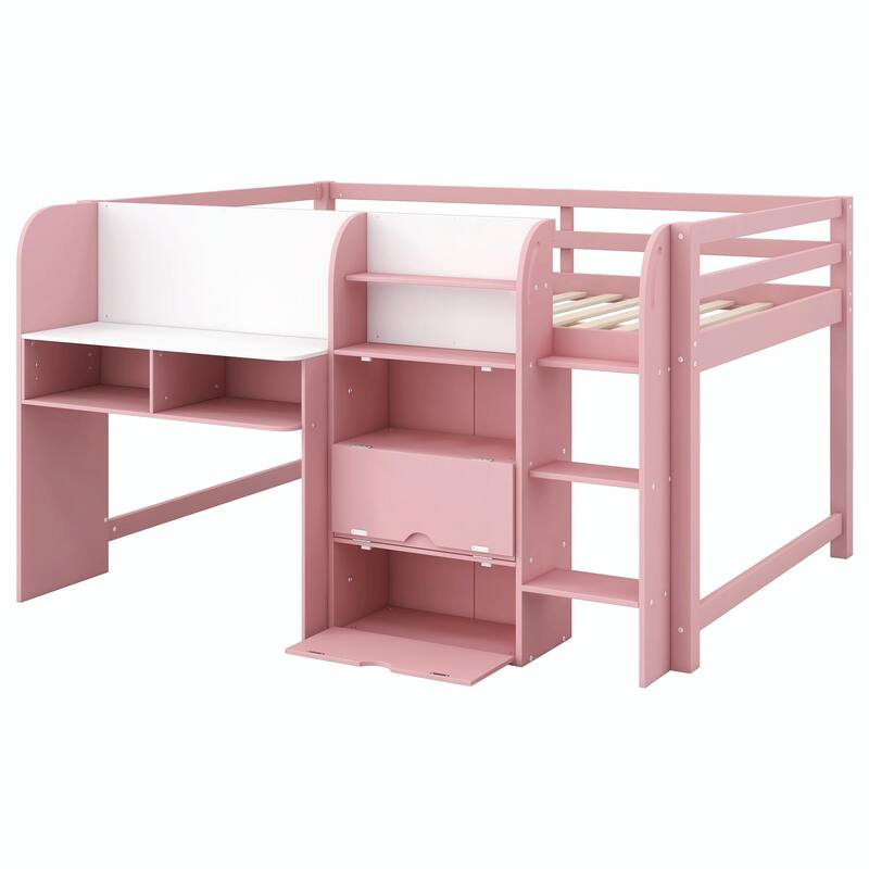 Full Size Low Loft Bed with Built-in Desk, Storage Cabinets, Open Bookcase, and Whiteboard for Graffiti