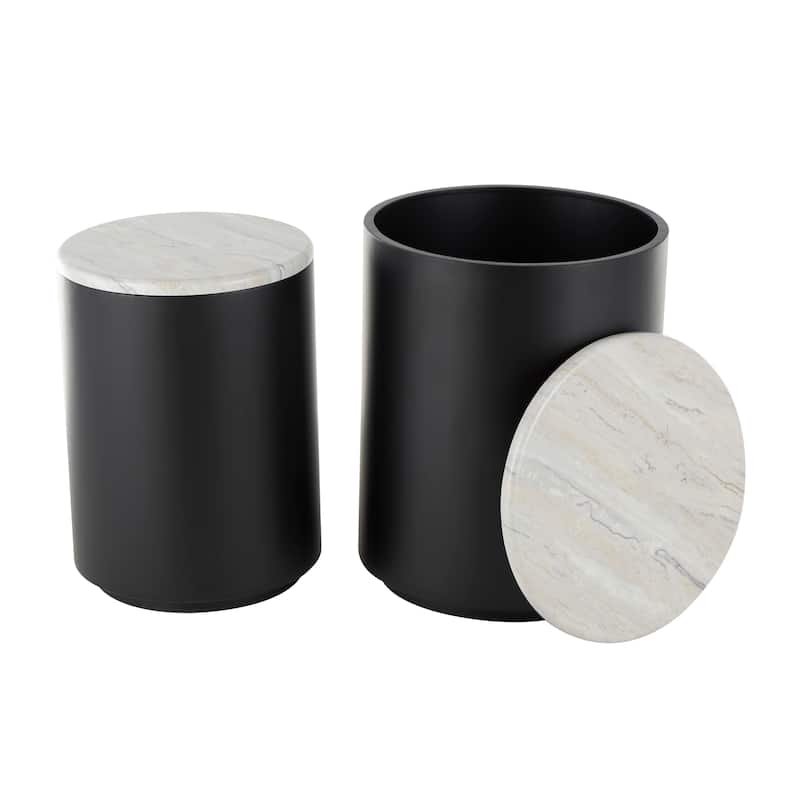 Black Metal Pedestal Coffee Table with Faux White Marble Top