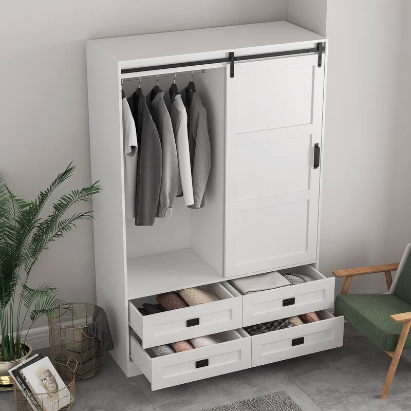 Classic Sliding Barn Door Wardrobe Bedroom Armoire Closet Clothing Storage Cabinet with Hanging Rod, Drawers & Open Shelves