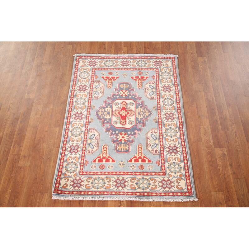 Light Blue Geometric Kazak Oriental Rug Handmade Wool Carpet - 3'2"x 4'8"