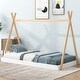 preview thumbnail 1 of 8, Twin Size Tent Floor Bed with X-Shaped Railings, Triangle Structure, Solid Wood Frame, and Hanging Board, White+Natural Natural