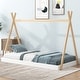 preview thumbnail 1 of 18, Twin Size Tent Floor Kids Bed Frame with Triangle Structure, Sturdy Solid Wood Frame, X-Shaped Safety Railings, White+Natural White+Natural