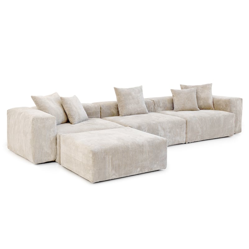 142" L-shape Oversized Corduroy Sectional Sofa Classic Deep Couch with Ottoman