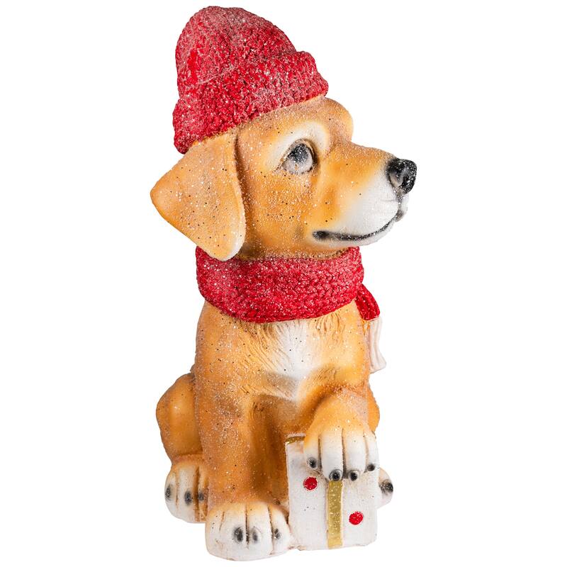 Glittery Dog with Gift Wearing Scarf and Hat Christmas Decoration - 15"
