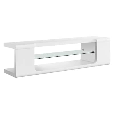 59" Contemporary TV Stand, Glossy White with Tempered Glass Shelf