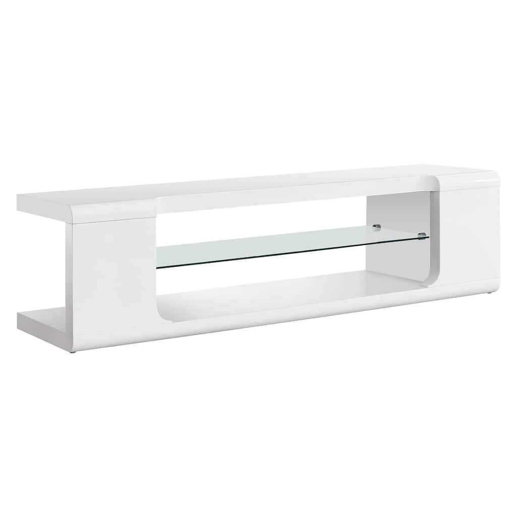 60-Inch Modern Media Console, White Gloss Finish, Clear Tempered Glass Shelves, for Flat Screen TVs