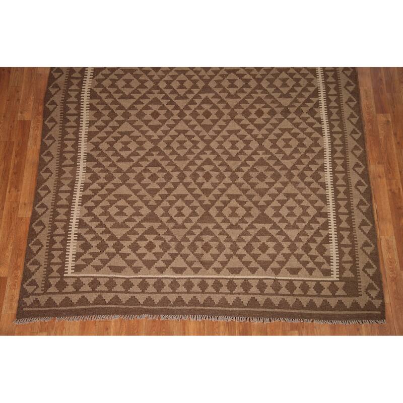 Geometric Kilim Brown Area Rug Flat-weave Wool Carpet - 6'6" x 10'0"