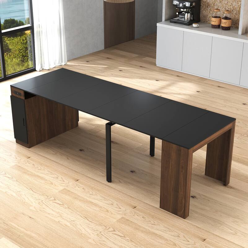 Modern Extendable Dining Table with Outlet & Storage, Space-Saving Expanding Table for Party & Meetings