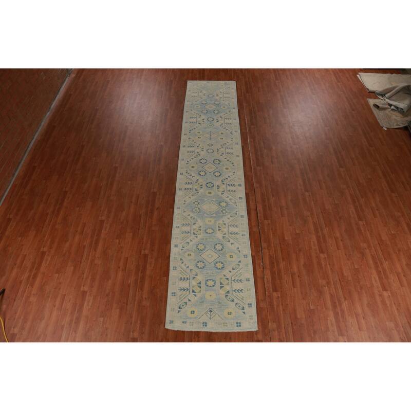 Hand Knotted Oriental 100% Wool Carpet Transitional Geometric Navy Blue & Blues Oushak Runner Rug - 16' 0'' X 3' 4''