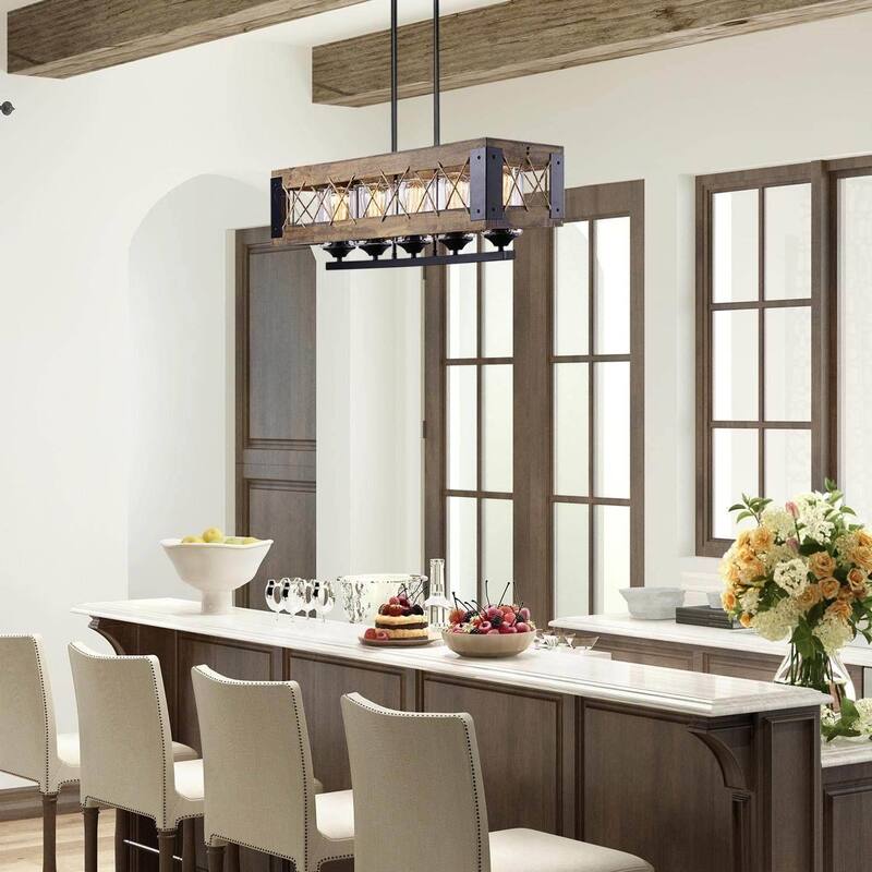 Farmhouse 5-Light Wood Chandelier Rustic Linear Island Lights