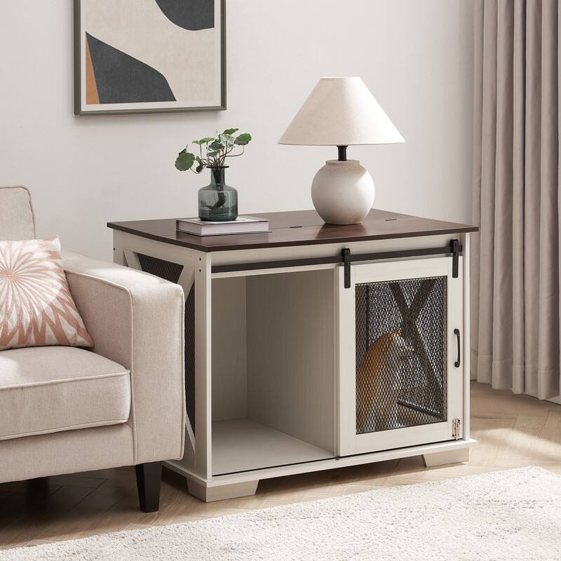 Farmhouse Dog Cage Crate Furniture with Sliding Door and Flip-Top Access for Secure Pet Space
