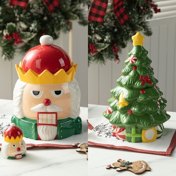 Glitzhome 3 Piece Dolomite Christmas Nutcracker Tree Cookie Jar