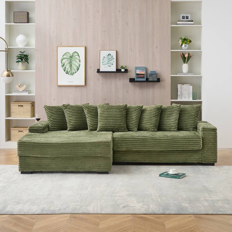 Oversized Two-Piece Couches, L Shaped Sofa, Corduroy, Right Chaise Daybed,with Armrests,Eight Throw Pillows,Corner Sofa - Green-with cup holder - Reversible