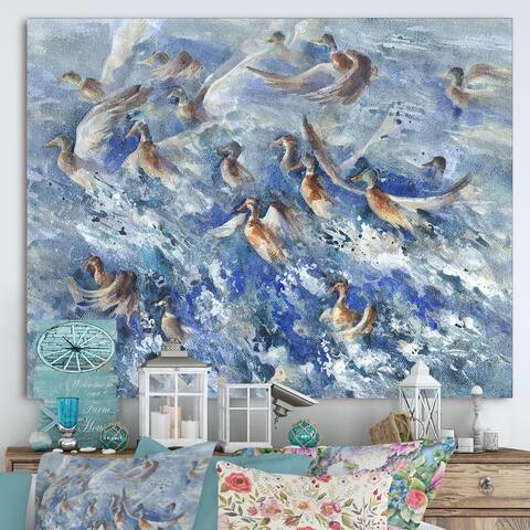 Designart "A Flock Of Ducks SpLaShing In the Sea" Lake House Canvas Wall Art Print