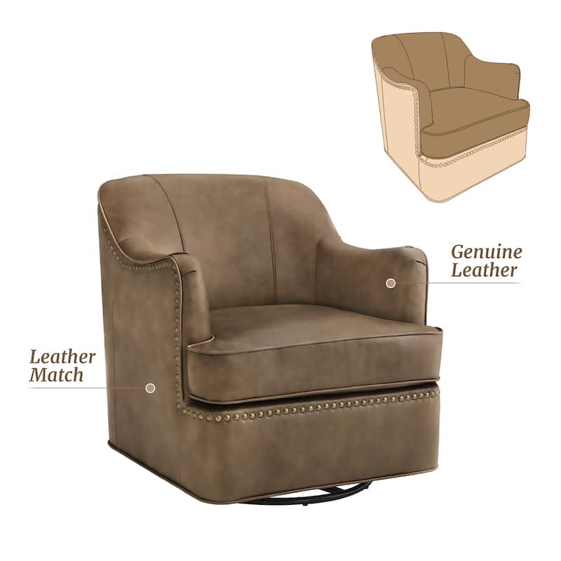 Modern Genuine Leather 360° Swivel Upholstered Accent Barrel Chair with Metal Base for Living Room