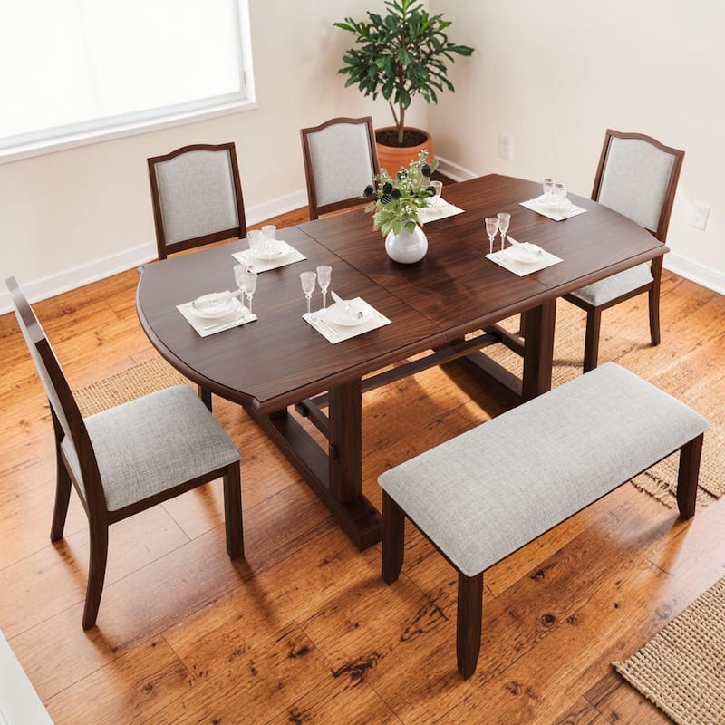 Extendable 6-Piece Dining Set with 78" Wood Table, 4 Upholstered Chairs, and Bench, Seats 6-8 Guests - Cherry