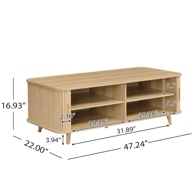 Aron Mid-Century Modern Coffee Table with Semi-Open Tambour Doors and 4 Hidden Storage Compartments, 47.24"